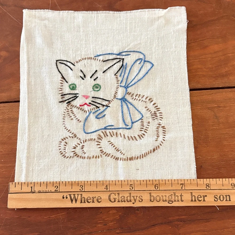 Hand Embroidered Cat Linen Squares - Blue and Pink